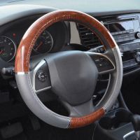 【YF】 Car Steering Wheel Cover Luxury Wood Grain Gray Syn Leather Anti-slip Universal For 38cm Auto Accessories