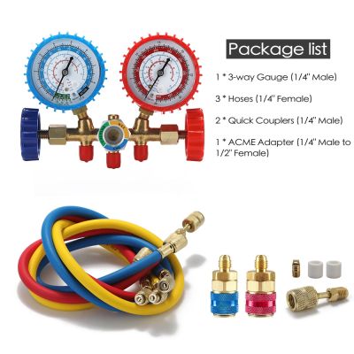 3 Way Refrigerant Gauge AC Diagnostic Manifold Freon Gauge for R134A R12 R22 R502 Refrigerants with Couplers and Acme Adapter