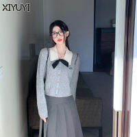 XIYUYI เสื้อสเวตเตอร์ถักผ้าแคชเมียร์มีโบว์สีเทาสไตล์ใหม่