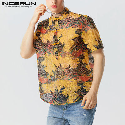 INCERUN เสื้อคอจีนผู้ชายแขนสั้นลำลองมีกระดุมพิมพ์ชุดเดรสวินเทจ (สไตล์จีน)