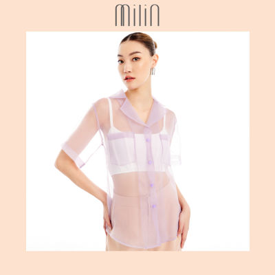 [MILIN] Organza front patch pockets short sleeve see through shirt เสื้อเชิ้ตคอปกแขนสั้นแต่งกระเป๋าด้านหน้าผ้าออแกนซ่าซีทรู / Glister top