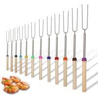 12pcs BBQ Stainless Steel Retractable Grill Fork Hot Dog Fork U-Shaped Wooden Handle Grill Fork