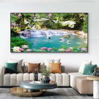 บทคัดย่อ Swan Waterfall Lotus Canvas Art, Modern Nordic Landscape Wall Decor,เหมาะสำหรับห้องนั่งเล่นตกแต่งบ้าน