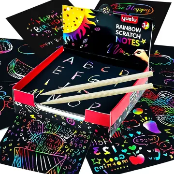 100pcs/Box Rainbow Scratch Mini Notes Paper Pad Cards with 2Stylus 2Drawing  Stencil Children Kids Draw Painting Toys Craft Gifts