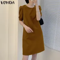 VONDA Women Summer Solid Color O Neck Casual Loose Knee-length T-shirt Dress (Korean Causal)