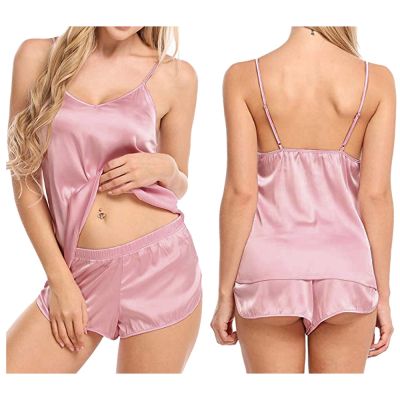 Womens Pajamas Set Sexy Imitation Silk Lingerie Nightwear Sleepwear Home Clothes Underwear Sleeveless Tops Shorts Pajama Sets