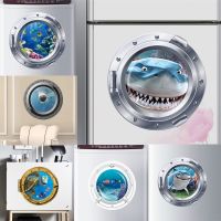 3d vivid Submarine Porthole Wall Stickers Refrigerator Bathroom Home Decoration Shark Fishes Mural Art Pvc Decal Refrigerator Parts Accessories