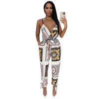 European Fashion V Neck Vintage Print Romper Women Jumpsuit Summer Full Length Skinny Club Body Mujer