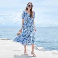 Large Size Sanya Seaside Holiday Beach Dress Womens Color Loose V-Neck Long Dress Temperament White Printed Dress