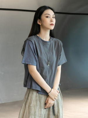 [EAM] Women Gray Irregular Spliced Oversized Casual T-shirt New Round Neck Half Sleeve Fashion Tide Spring Summer  1DE1251