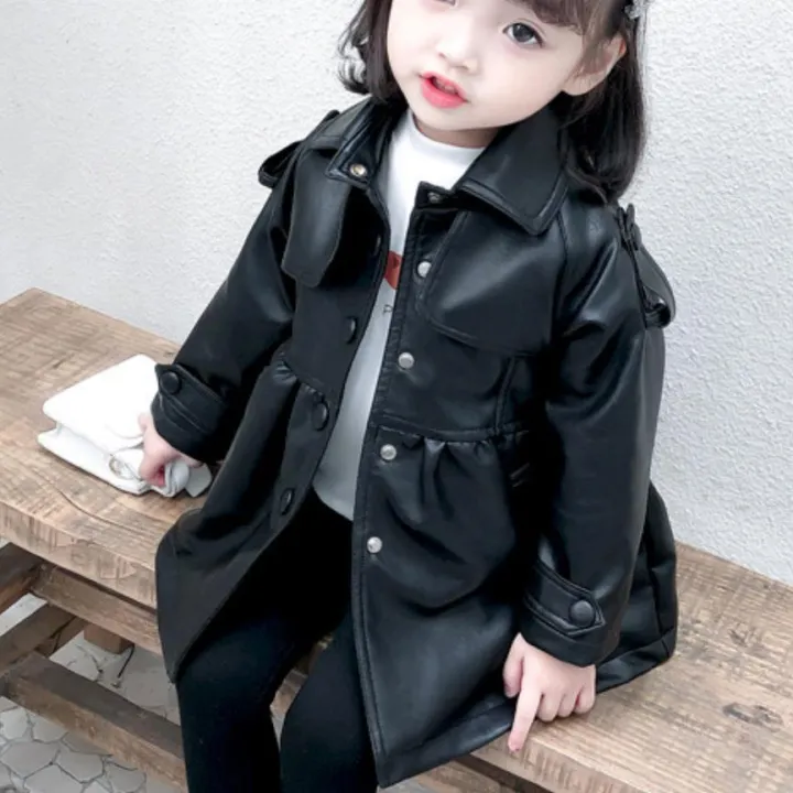 New Girls Baby Fashion Pu Leather, Trench Coat Baby Clothes