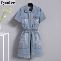 Cyanlee ฤดูร้อนขนาดบวกกางเกงยีนส์ P Laysuit ผู้หญิงซิปสั้น J Umpsuit เสื้อคลุมหลวมๆลำลองกางเกงยีนส์บาง Playsuits หลวม4XL