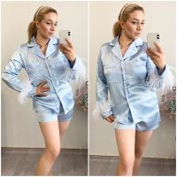 Hiloc Feather Full Sleeve Women Pajama Sets Suits With Shorts Pocket Sleepwear Turn Down Collar Nightwear Single Breasted Pijama