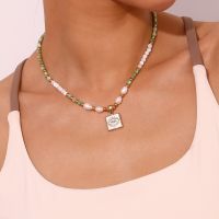 Elegant Green Dongling White Freshwater Pearl Beaded Necklace Rectangular Natural Shell Devils Eye Pendant Womens Neck Chain