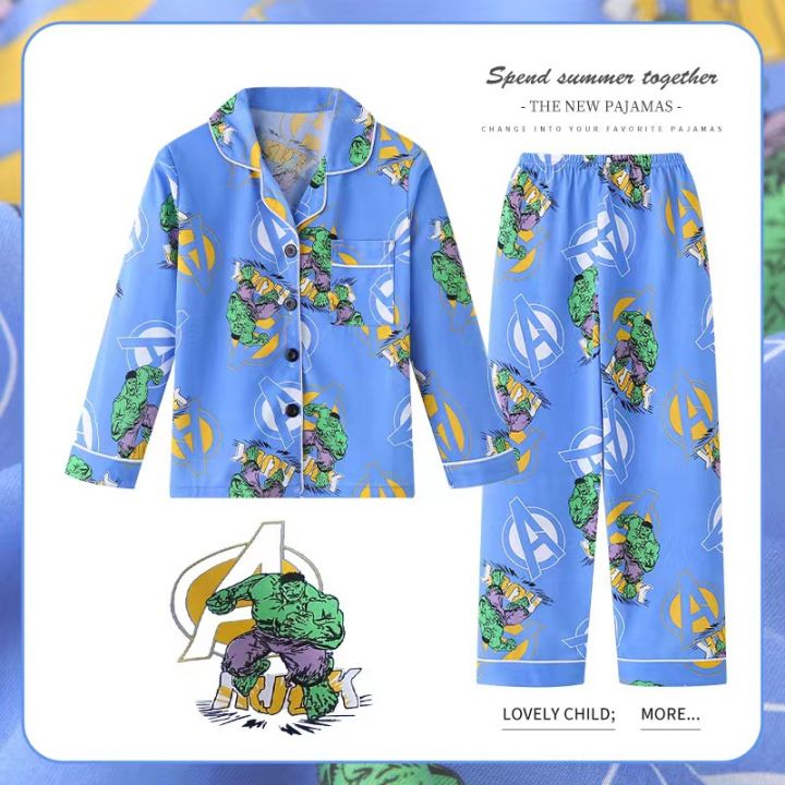 mymelody-kuromi-captain-americas-spidermans-bruce-banner-girls-spring-and-autumn-models-lapel-childrens-pajamas-home-wear-boys-cartoon-long-sleeved-baby-children-suit-0000