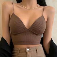 Sexy Padded Bra Women Wireless Deep V Bralette Trendy Stripe Knitting Bras Sexy Ladies Brassiere Underwear Solid Color