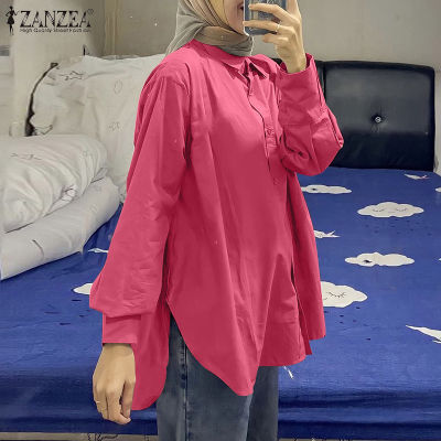 (สินค้ามาใหม่)(จัดส่งฟรี)Fancystyle ZANZEA เสื้อผู้หญิงมุสลิม,เสื้อด้านบนแขนพองลำลองมีกระดุมเสื้อเชิ้ตเรียบง่ายปก