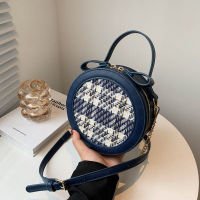 Mini Fashion Circle Handbags For Women Woven Tweed Shoulder Bag top Handle Tote Ladies Purse Round Double Zipper Messenger Bag