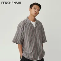 EERSHENSHI เสื้อลายทางแขนสั้นทรงหลวมลำลองสำหรับผู้ชายเสื้อลายทางแนวตั้งสำหรับคนขี้เกียจ