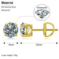 Top Quality 6mm 0.8CT Moissanite Earrings For Women 14K Gold Plated 925 Sterling Silver Earrings