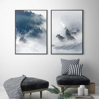 Nordic Art Wolf Snow Mountains Deer Forest Art โปสเตอร์ผ้าใบ |