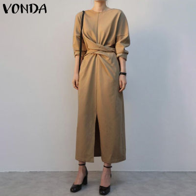 VONDA Women Long Sleeve Front Slit Casual Plain Shirt Dress Loose Baggy Midi Dress (Korean Causal)