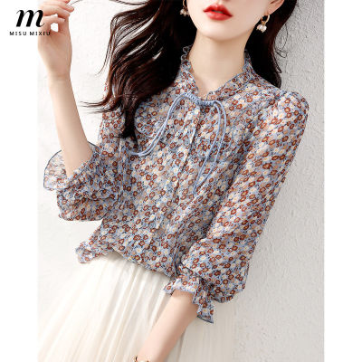 MISUMIXIU 2022 Autumn New Romantic Sweet Chiffon Floral Shirt Womens Long-sleeved Fashion Temperament Korean Version Blouse