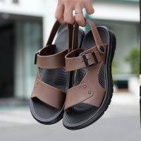 Mens Slippers Summer New Sandals Men PU Leather Sandals Adult Thick-soled Beach Shoes Non-slip Open-toe Sandals