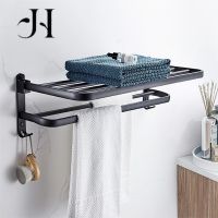 №☢ Matte Black Towel Rack 40-60CM Movable Holder With Hook Wall Mount Shelf Aluminum Shower Bar Hanger Rail Bathroom Accessories