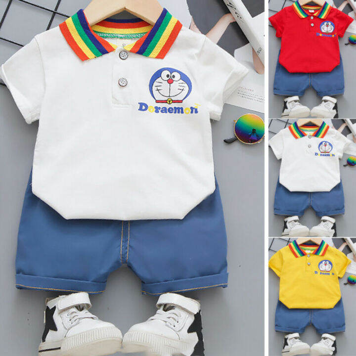 redcloudเด็ก-กางเกงขาสั้นเสื้อยืดเด็ก2ชิ้น-เซ็ตปกแขนสั้น