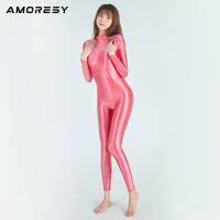 Amoresy เซ็กซี่เงาแขนยาวเต็มร่างกายถุงน่องน้ำมันเรียบวิ่ง J umpsuit โยคะกางเกงลำลอง sportswearhose