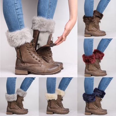 ผู้หญิงสาวฤดูหนาวที่อบอุ่นโครเชต์ถัก Boot Cuffs Topper Thicken Furry Plush สีทึบยืดขาสั้นอุ่นถุงเท้า