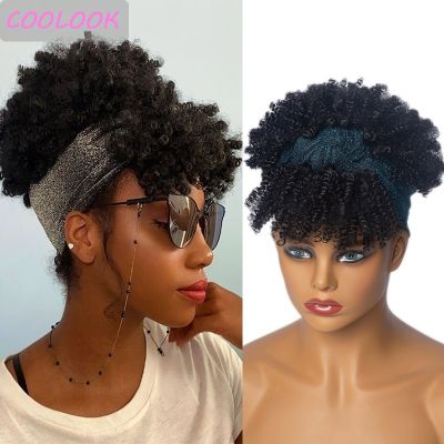 Short Kinky Curly Headband Wigs for Black Women Afro Curls Blonde Wigs with Scarf Natural Curly Cosplay Wig Synthetic False Hair