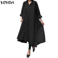 Vonda Women Cotton Plain Lapel Oversized Long Sleeve Long Dress 513☍✧✶