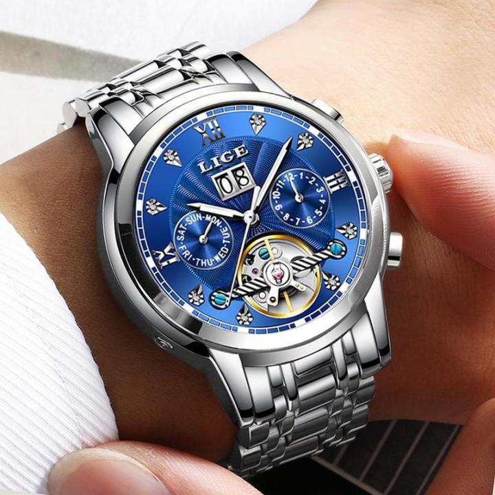 lige-กลไกแบบทูรบิญองนาฬิกาข้อมือสำหรับผู้ชายอัตโนมัติแนวสปอร์ตทำจากเหล็กสแตนเลสยี่ห้อหรูหราแฟชั่นหรูหรา