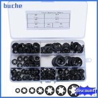 BUCHE 340Pcs 7ขนาด แหวนล็อคฟัน สีดำสีดำ M3/M4/M5/M6/M8//M12 เครื่องล้างฟันภายใน พร้อมกล่องเก็บของ เหล็ก65Mn คลิปยึดแบบกด เครื่องผลิตเครื่องจักร