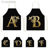 ❂❇✣ Gold Letter Alphabet Pattern Kitchen Apron 53x65cm For Woman Sleeveless Cotton Linen Aprons Cooking Home Cleaning Tools WQ0051