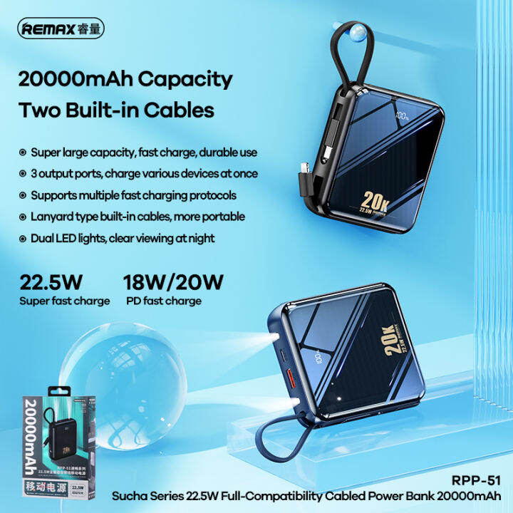 Remax RPP-51 Rpp-285 พาวเวอร์แบงค์ 22.5W ชาร์จเร็ว พร้อมสายเคเบิล ไฟLED ...
