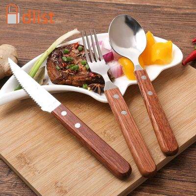 3pcs Chic Wooden Handle Dinnerware Set Stainless Steel Wooden Portable Travel Cutlery set Steak Knives Fork Spoon Wood Tableware Flatware Sets