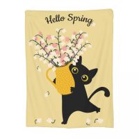 Hello Spring Cat Blankets Flannel All Season Cartoon Flower Portable Super Warm Throw Blankets for Bedding Plush Thin Quilt