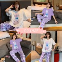 DD SHOPพร้อมส่ง DX-SY-Purple ชุดนอน เสื้อแขนสั้นลายกระต่าย+กางเกงขายาวลายสก๊อตน่ารักมากๆ 07