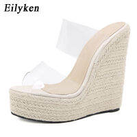 Eilyken PVC Transparent Jelly Shoes Fashion Grass Weaving Thick Bottoms Womens Slippers Wedges High Heels Platform Sandals