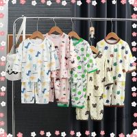 【Ready Stock】 ▨☢ C22 Childrens Homewear Suit Summer Boys Girls Thin Style Boneless Cropped Pajamas Baby Ice Silk Casual 80-150CM