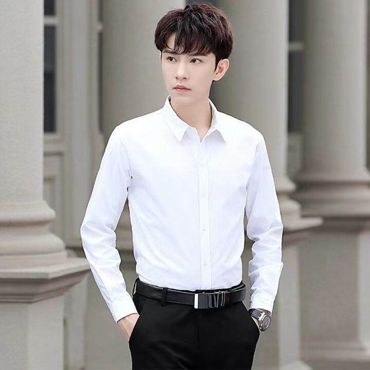 Men Shirt Long Sleeve Shirt Classic Korean Mens Plain Casual Fashion Business Formal Polo 3146