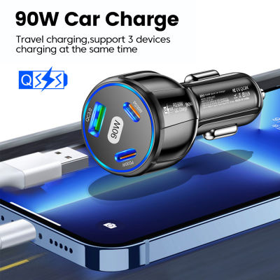 90W 3พอร์ต Car Charger USB 2PD Fast Charging สำหรับ Xiaomi 13Pro Oneplus 11 10Pro 14 13 12 Pro Max POCO F5 Samsung อะแดปเตอร์