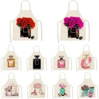 Linen New Hand Painted Flower Perfume Bottles Print Kitchen Aprons Unisex Dinner Party Cooking Bib Funny Pinafore Apron WQTF13 Aprons