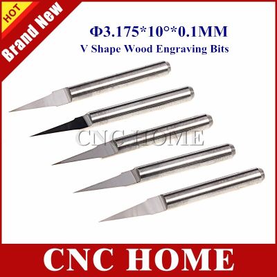 10pcs 10 องศา 0.1mm Tip Carbide CNC Bits Flat Bottom Milling Cutter V Shape Wood Engraving CNC Router Bit 3.175mm Shank