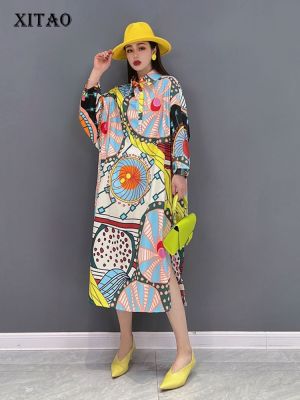 XITAO Dress  Casual Long Sleeve Irregular Print Shirt Dress（Random Pattern）