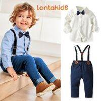 lontakids เสื้อผ้าเด็กชุดเด็กทารกปาร์ตี้ชุดแขนยาวเสื้อผูกโบว์ + Suspenders ชุดกางเกง1- 9ปี