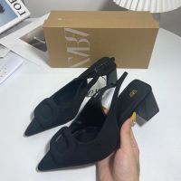 【ready stock】NewZARA-French sandals women with thick-heeled, pointed, shallow-mouthed, square-buckled back straps and strapless fashion shoes.